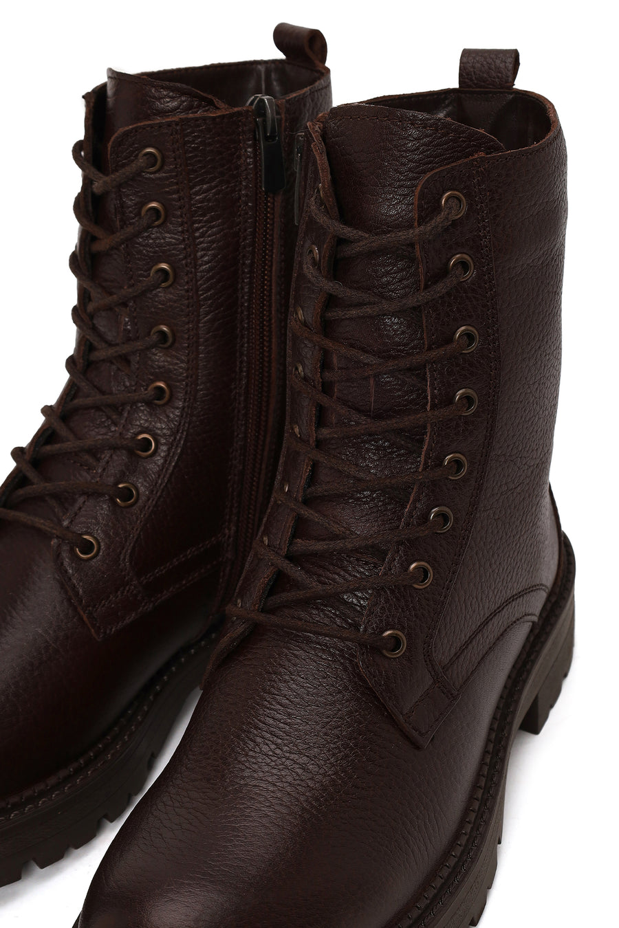 Woman Brown Zip Closure Thick-Soled Leather Combat Boots