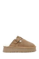 Women's Camel Thick-Soled Fur Detailed Suede Leather Slippers | Derimod