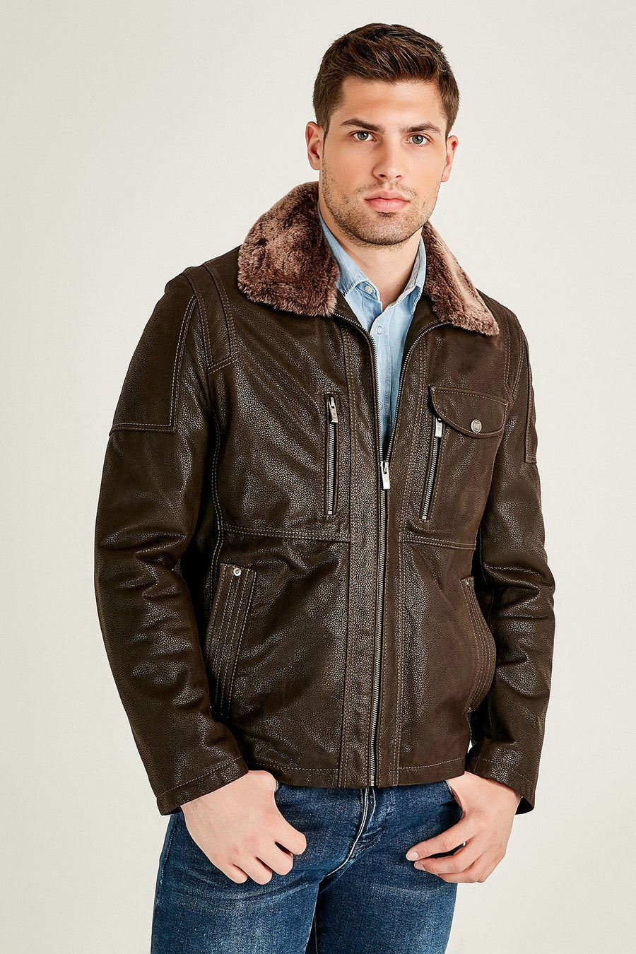 Angelo Men's Brown Leather Jacket with Fur Collar