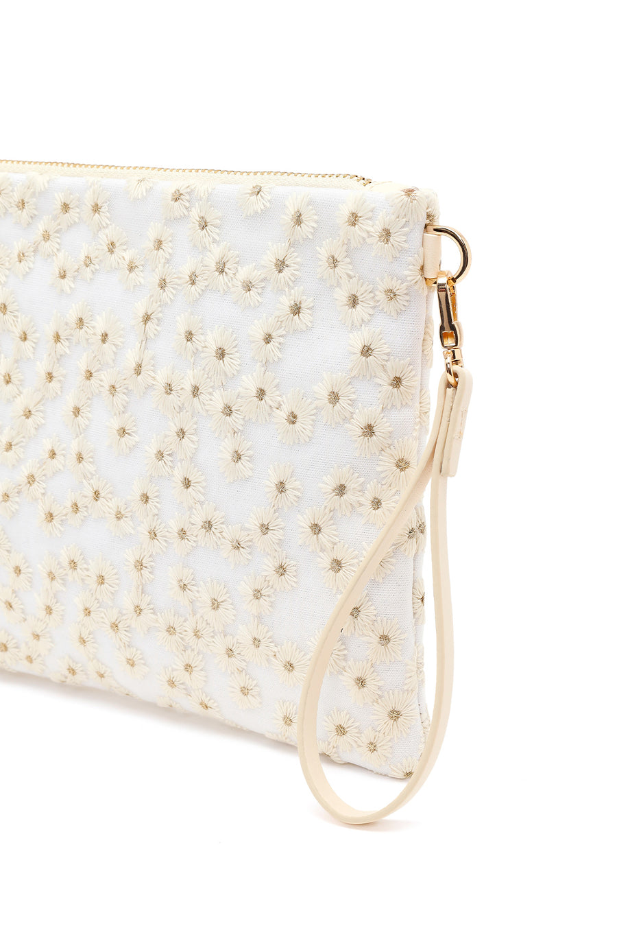 Woman Beige Long Chain Strap Patterned Clutch Bag