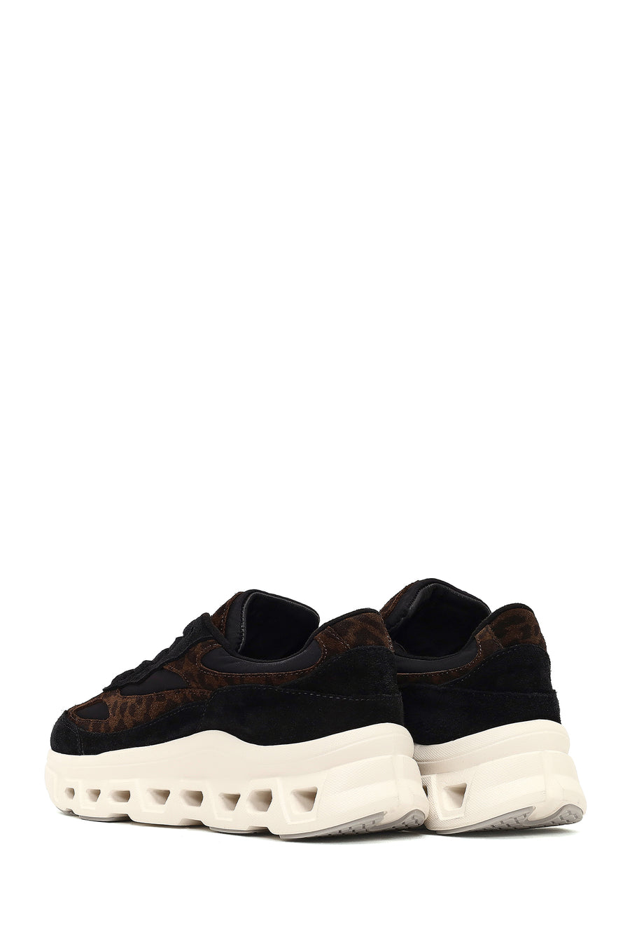 Women's Black Lace-Up Thick-Soled Leather Sneaker