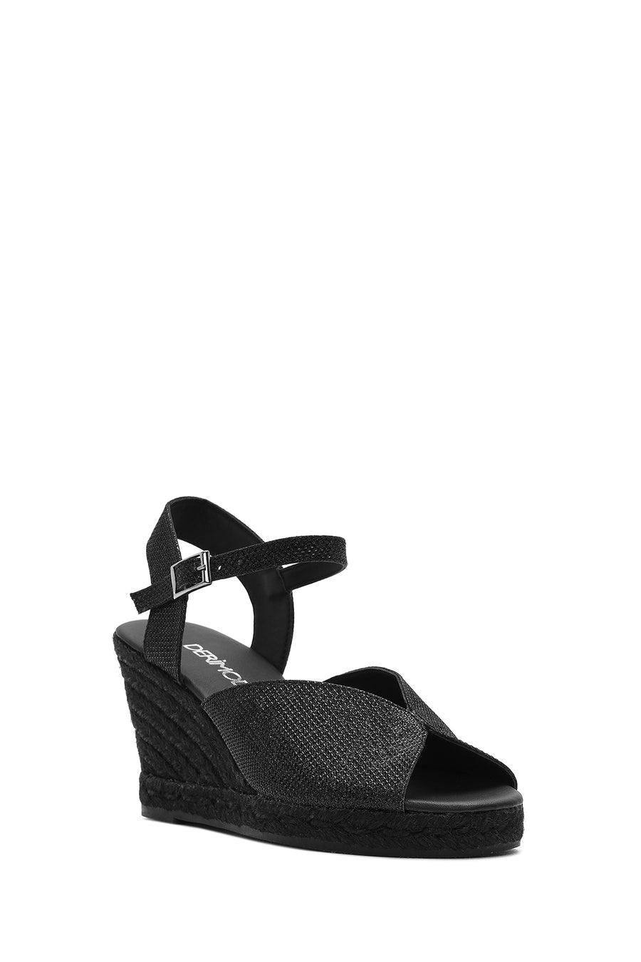 Women's Black Glitter Ankle Buckle Wedge Heel Espadrille Sandals
