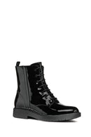 Geox Women's Black Spherica Ec1 Lace-Up Patent Leather Combat Boots | Derimod