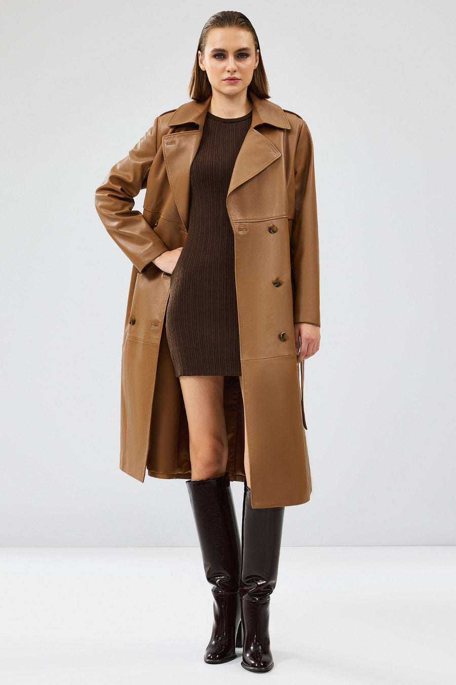 Natalia Women's Brown Leather Trench Coat