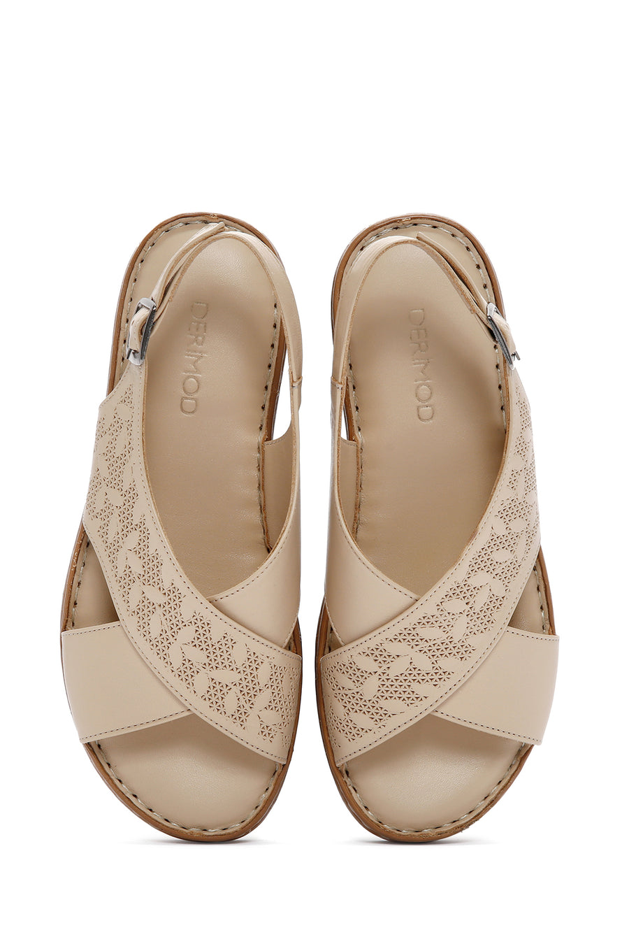 Women's Beige Ankle Strap Leather Sandals
