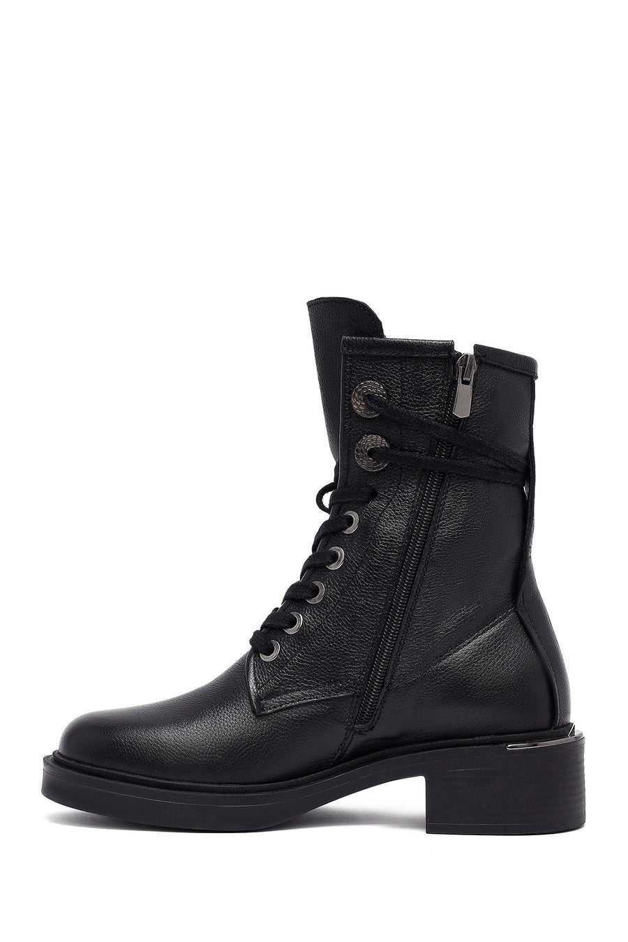 Women's Black Zippered Lace-Up Leather Ankle Boots