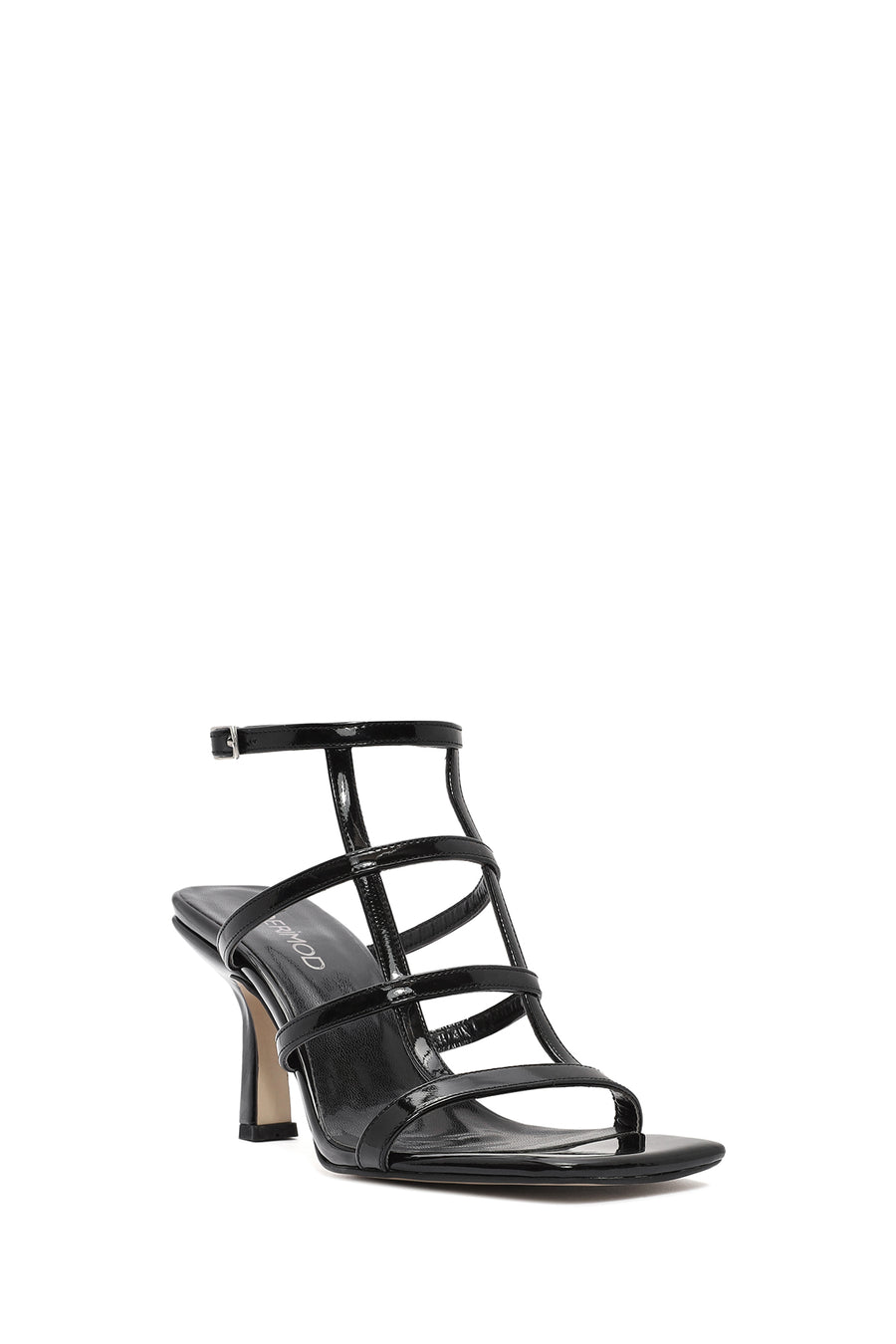 Women's Black Ankle Buckle Thin Heel Patent Leather Sandals