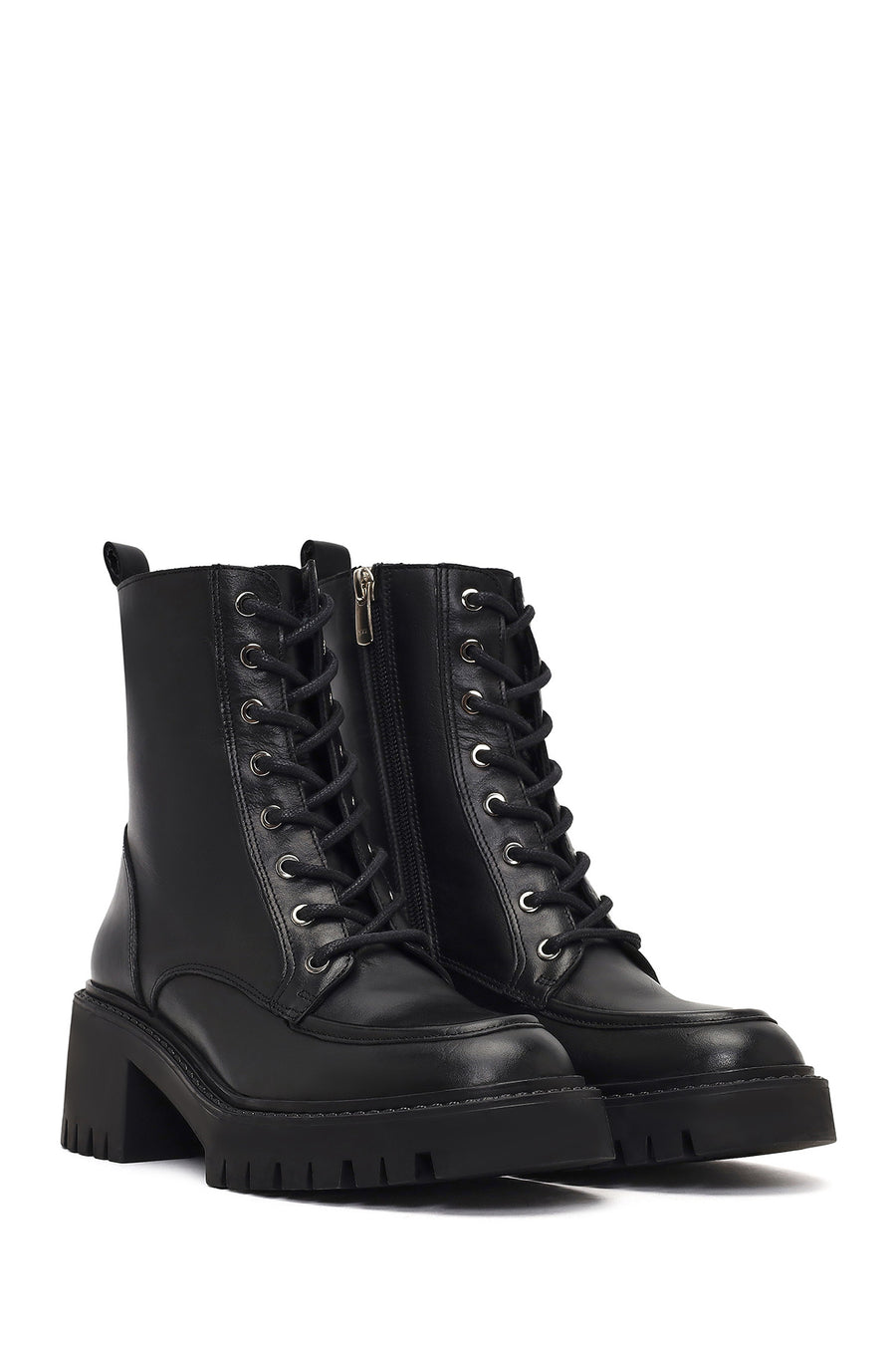 Women's Black Zippered Thick Heeled Leather Ankle Boots