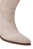 Women's Beige Suede Leather Cowboy Heeled Boots | Derimod