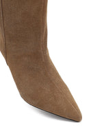 Women's Beige Thin Heeled Suede Leather Boot | Derimod
