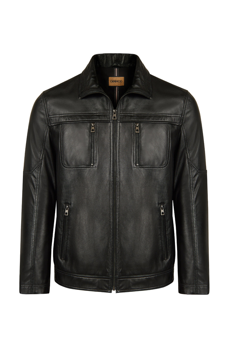 Karl Male Black Zip Closure Notched Collar Leather Jacket 26WGE66211M | Derimod