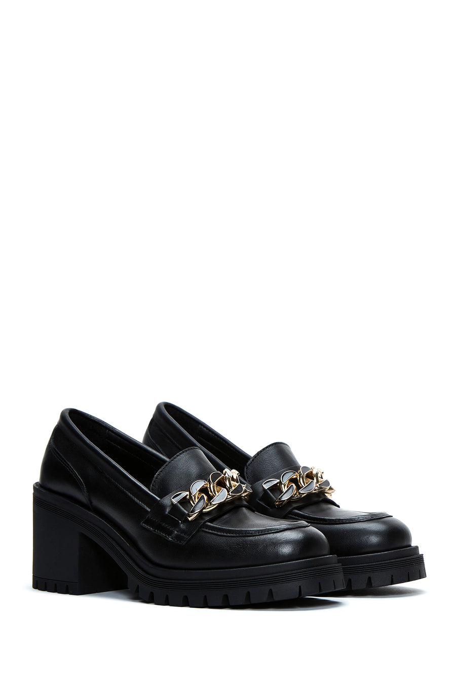 Women's Black Leather Heeled Loafer