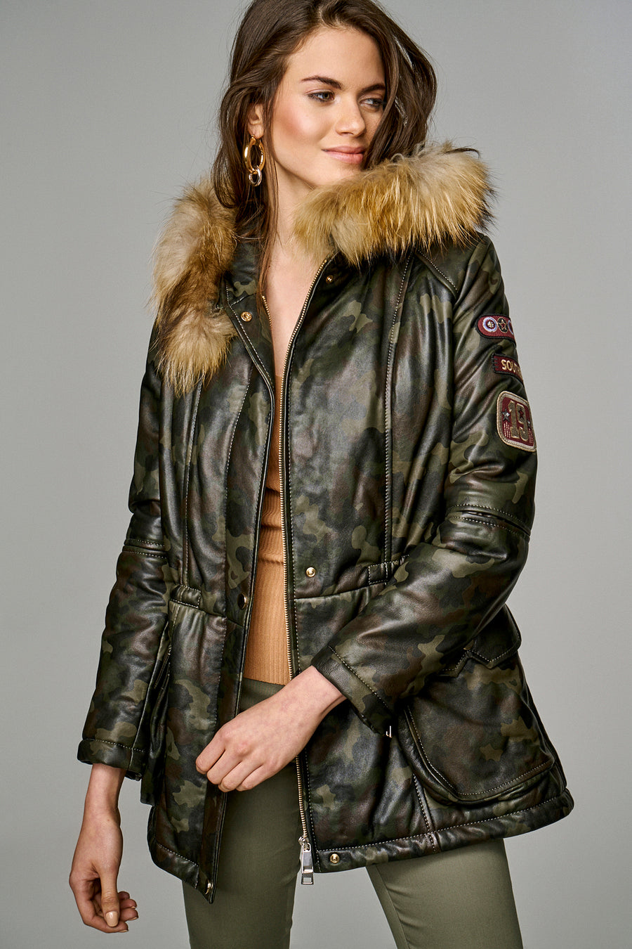 Havana Women's Khaki Leather Coat with Fur Collar