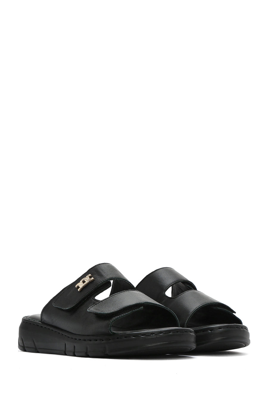 Women's Black Double-Striped Leather Comfort Slippers