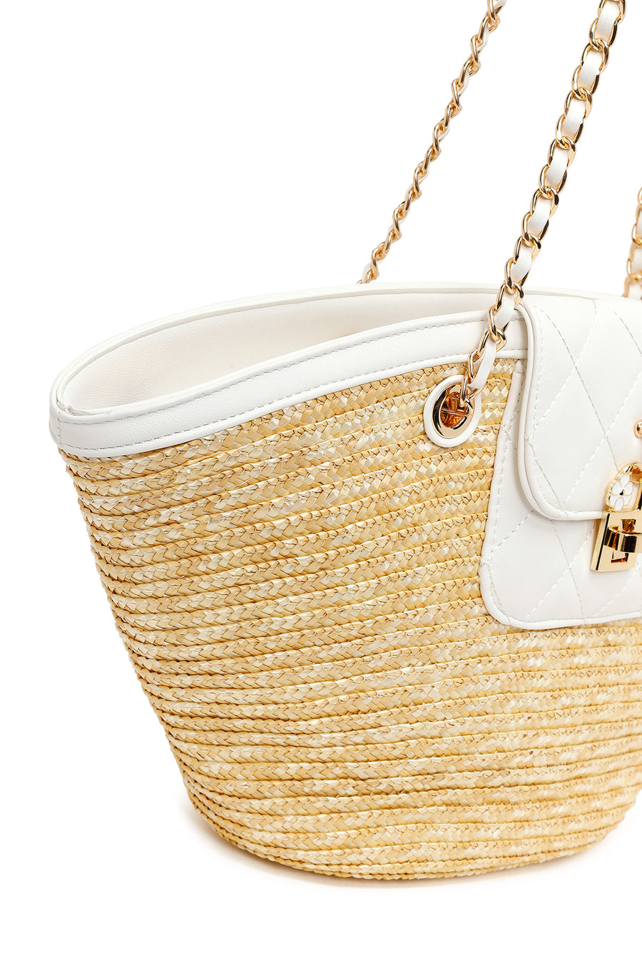 Woman Beige Chain Strap Wicker Shoulder Bag