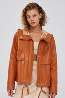 Shelly Women's Orange Oversize Hooded Leather Jacket | Derimod