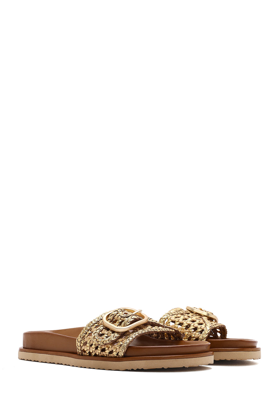 Women's Gold Buckled Straw Leather Slippers