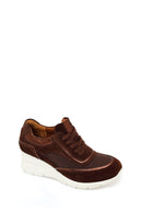 Woman Brown Lace-Up Wedge Suede Leather Sneaker | Derimod