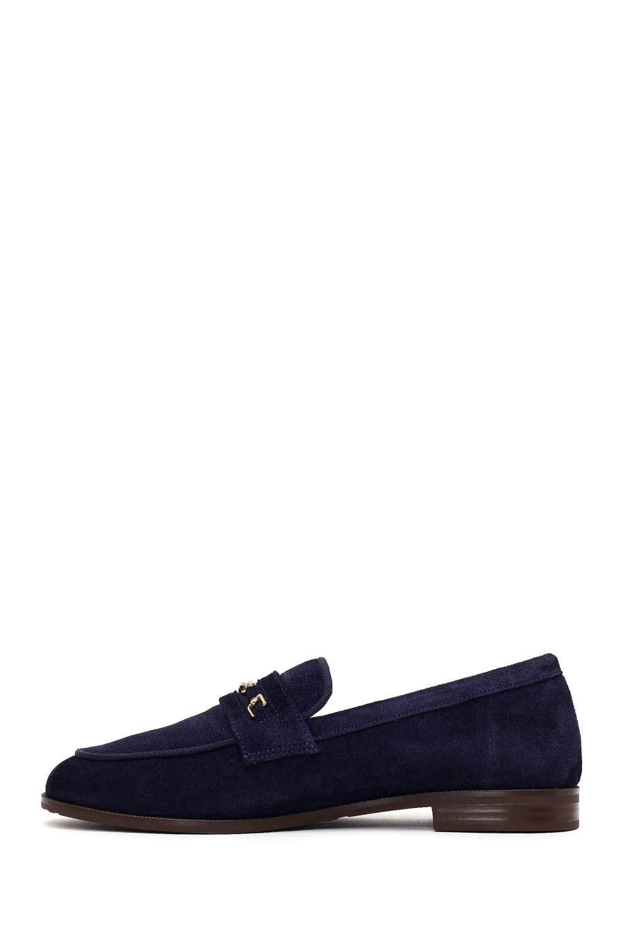 Woman Navy Buckled Suede Masculine Loafer