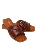 Woman Brown Braided Leather Slipper | Derimod