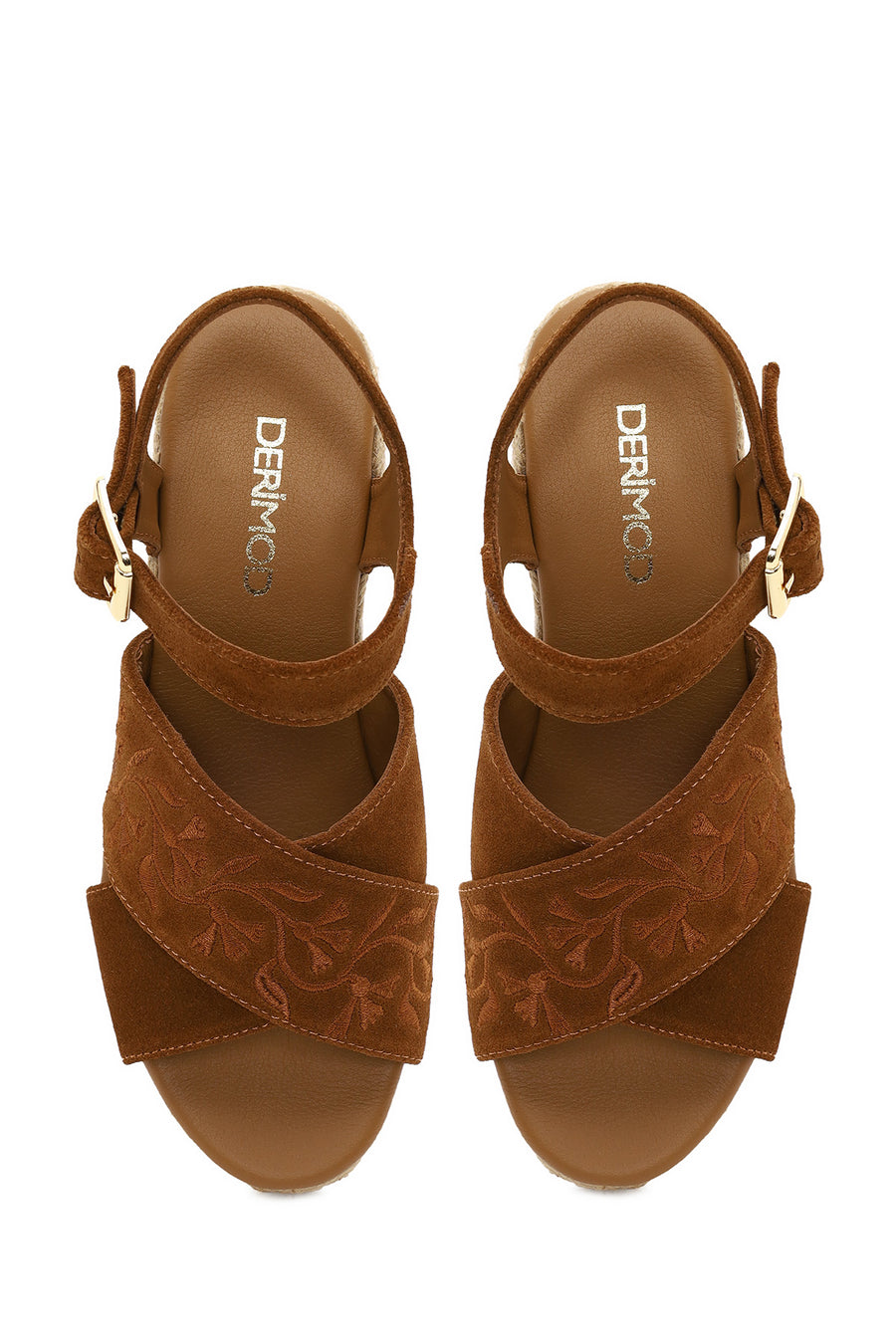Woman Tan Ankle Buckled Wedge Heel Suede Espadrilles Sandal