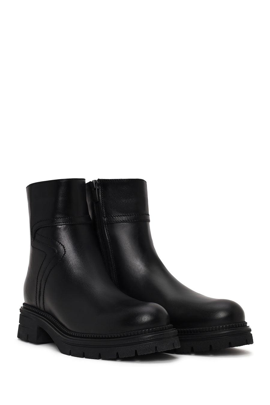Woman Black Zip Closure Thick-Soled Leather Casual Boots