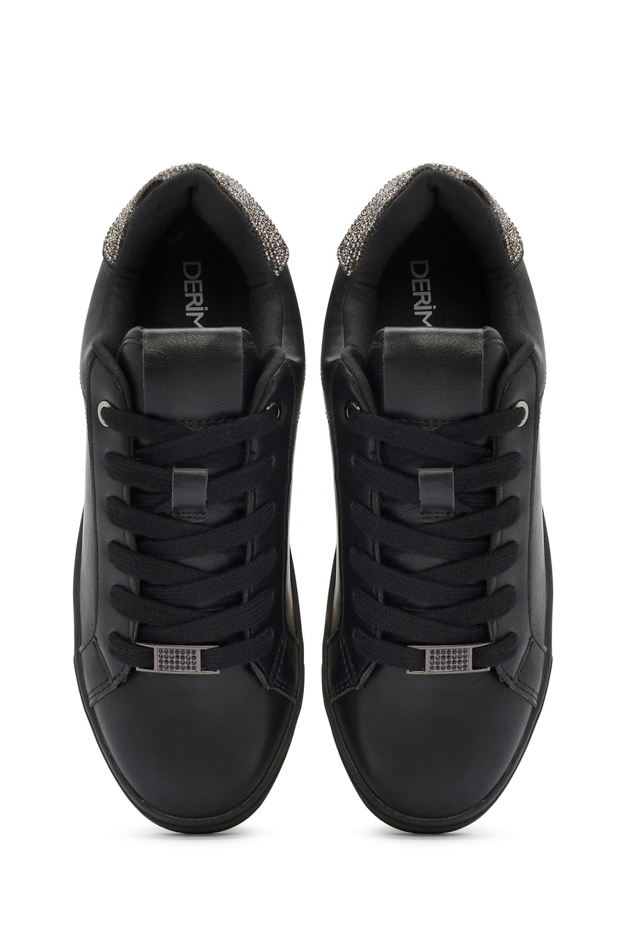 Woman Black Lace-Up Rhinestone Sneakers