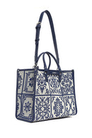 Woman Navy Patterned Fabric Long-Strap Shoulder Bag | Derimod