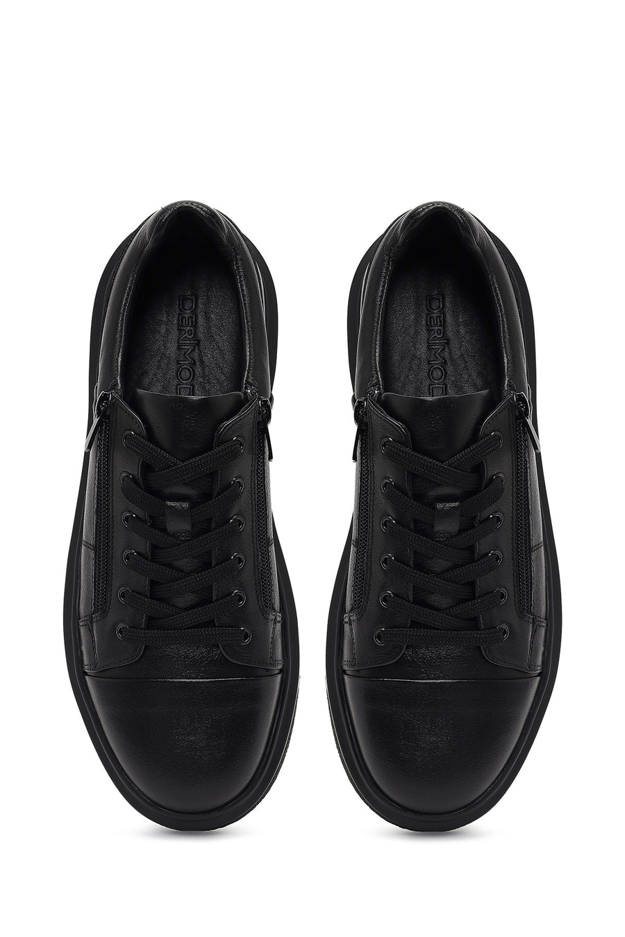 Erkek Siyah Bağcıklı Kalın Tabanlı Deri Sneaker