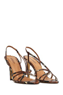 Women's Brown High Thin Heel Patterned Leather Sandals | Derimod