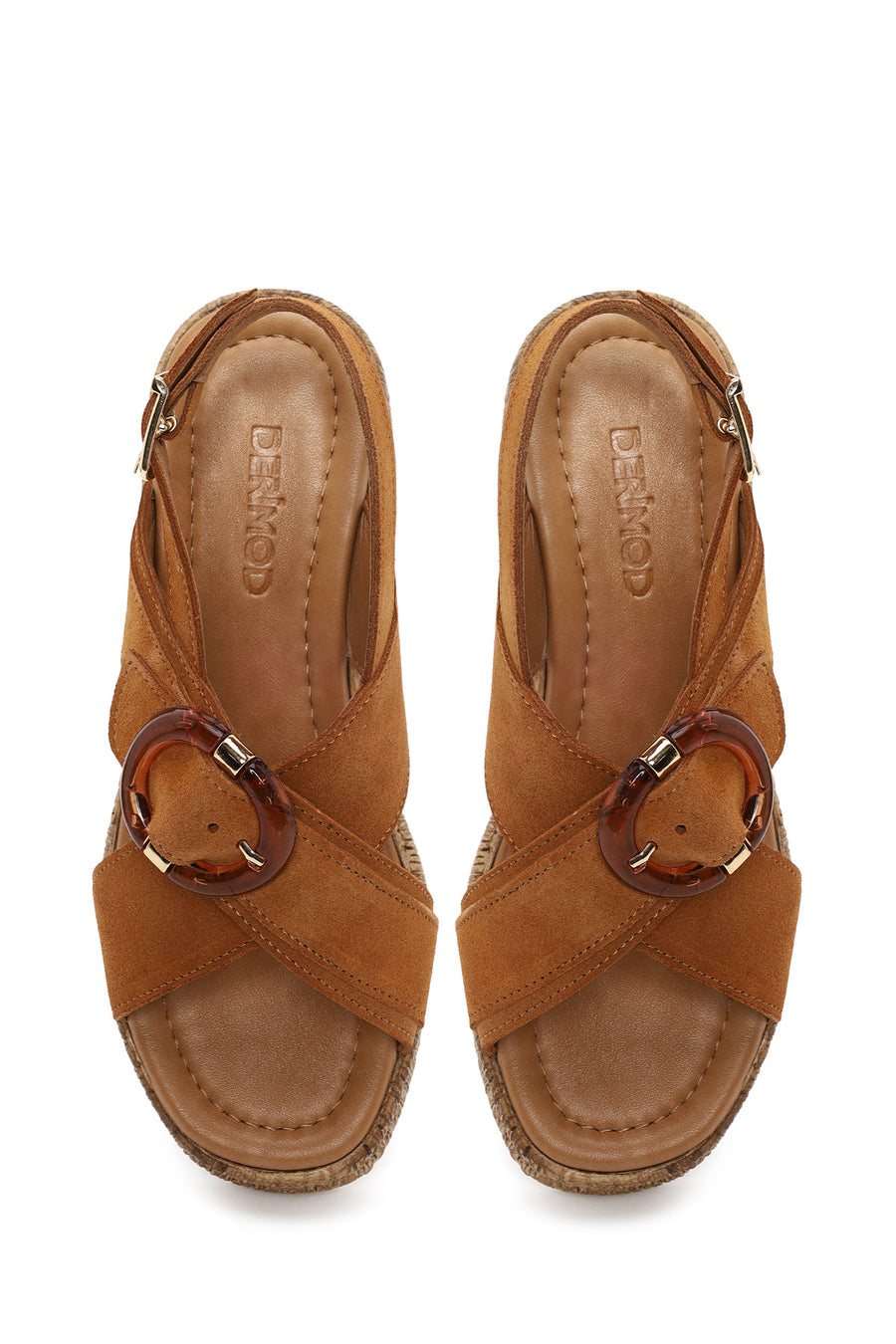Woman Tan Buckled Wedge-Heel Suede Sandal