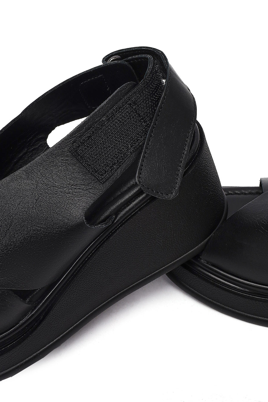 Women's Black Strapped Wedge Heel Leather Sandals
