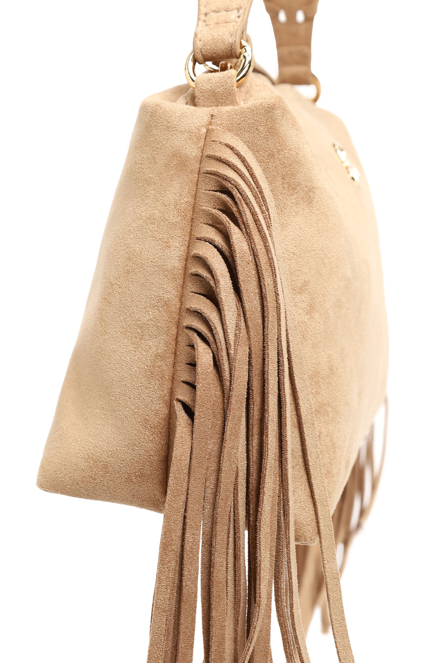 Woman Beige Suede Shoulder Bag with Long Chain Strap and Tassel