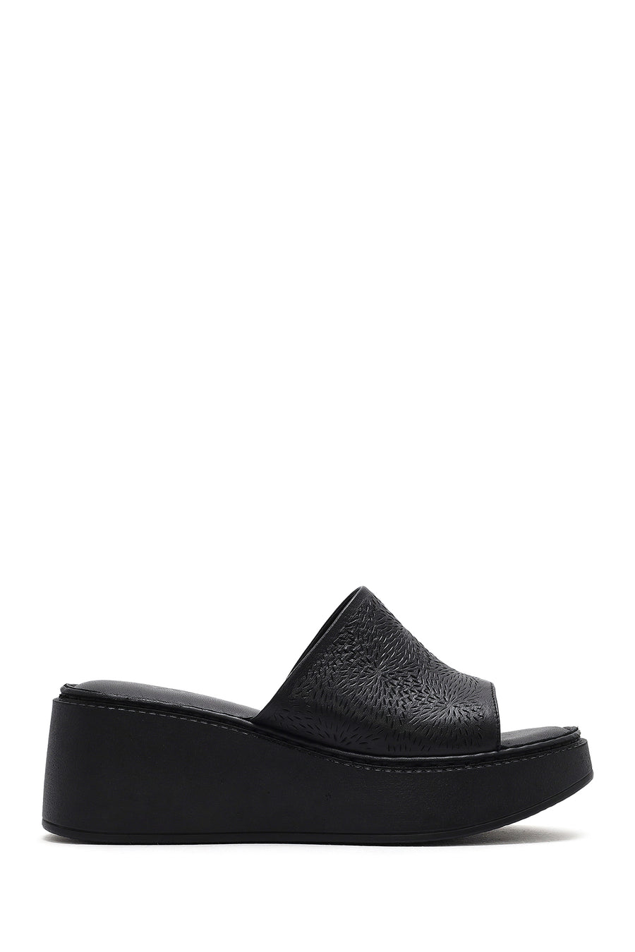 Women's Black Thick-Soled Printed Leather Comfort Slippers 26SFD340026 | Derimod