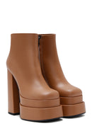 Women's Tan Leather Platform High Heel Boots | Derimod