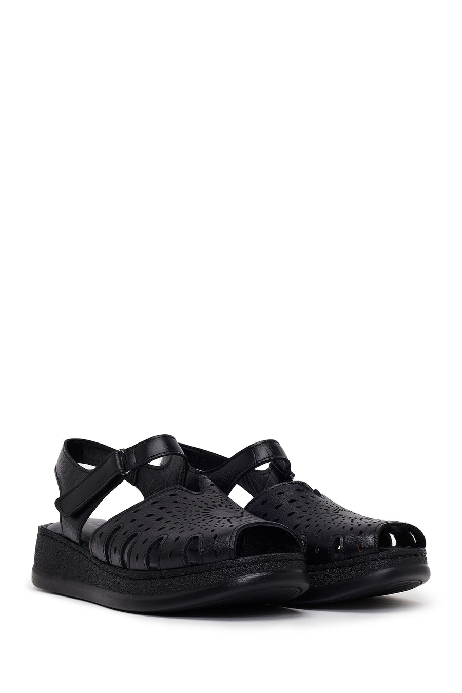 Woman Black Patterned Thick-Soled Leather Comfort Sandal