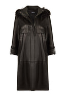 Adele Woman Black A-Line Hooded Fur Collar Leather Overcoat | Derimod