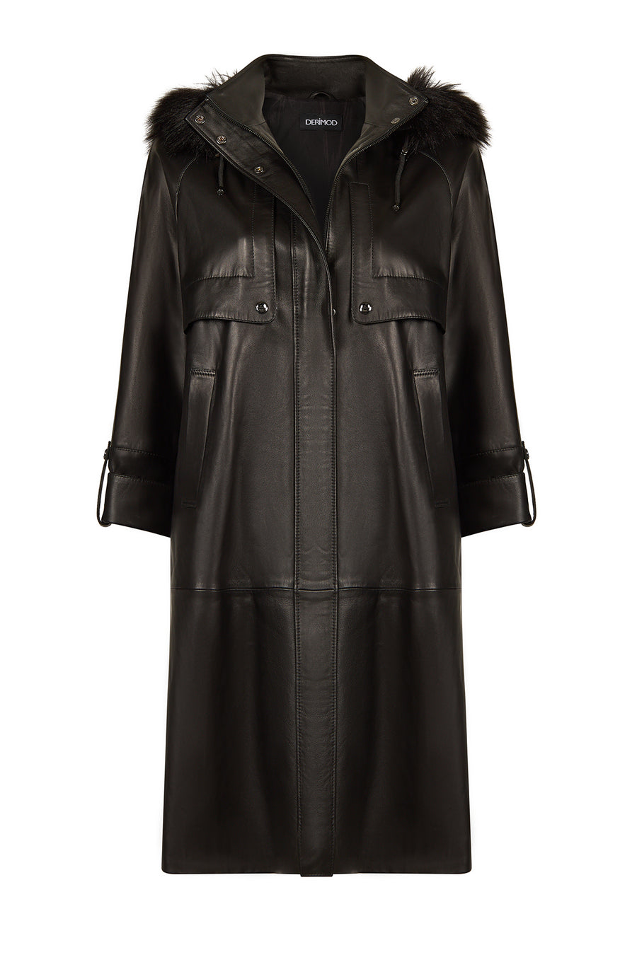Adele Woman Black A-Line Hooded Fur Collar Leather Overcoat