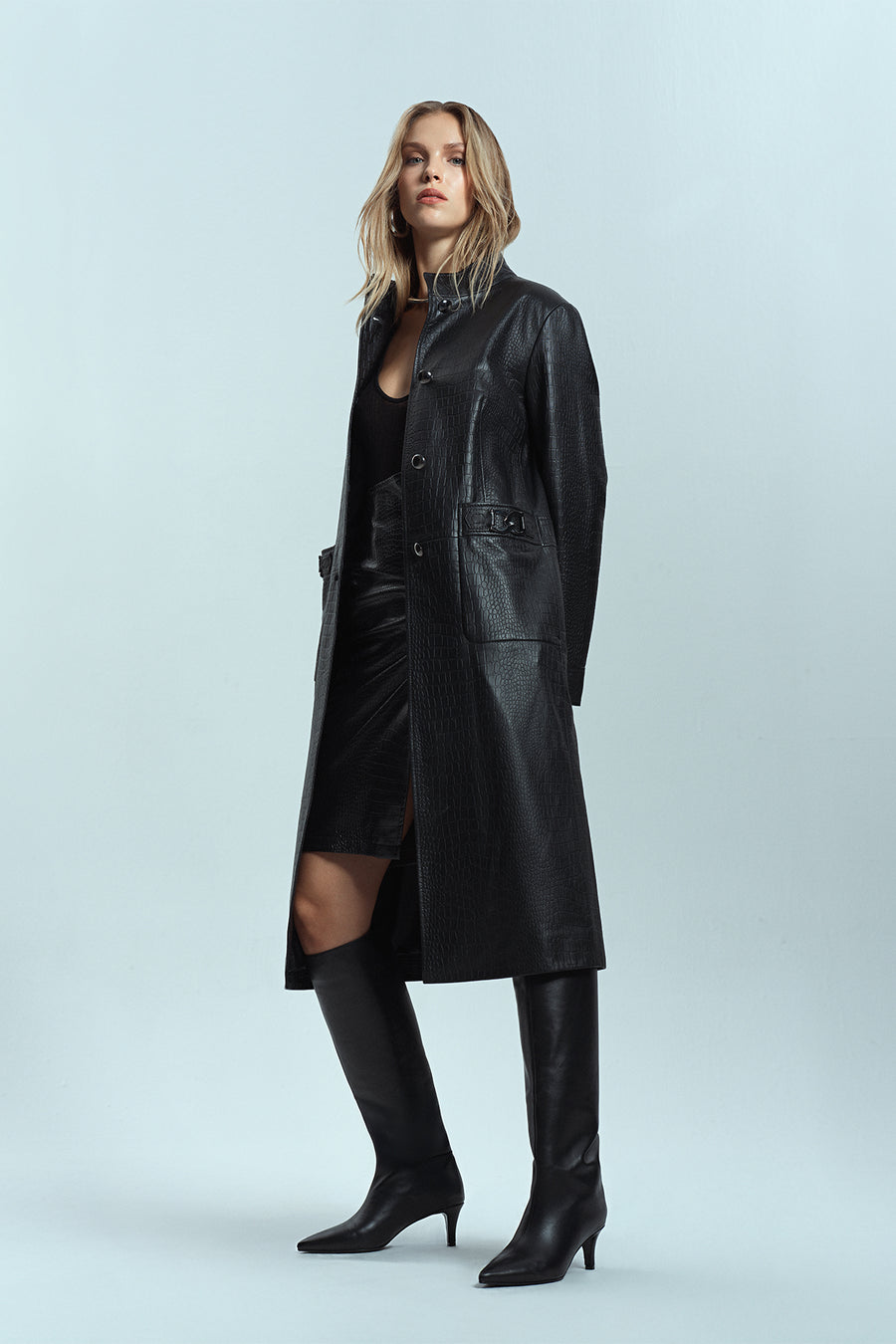 Colette Women's Black Crocodile Patterned Leather Coat