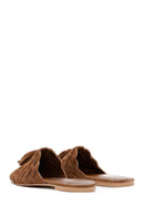 Women's Tan Suede Leather Knitted Flat Slippers | Derimod