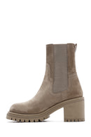 Women's Beige Suede Leather Heeled Chelsea Boots | Derimod