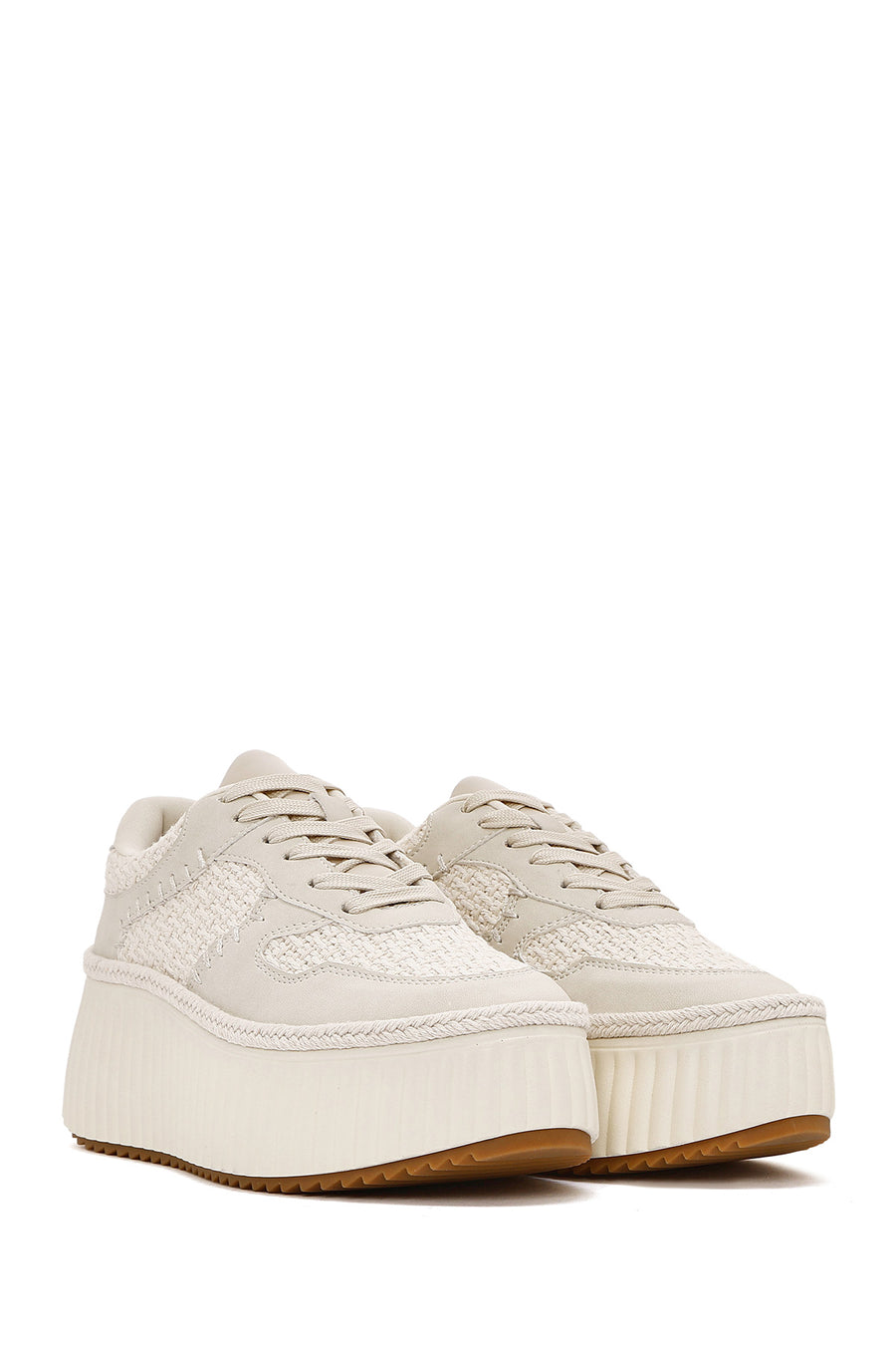 Women's Beige Lace-Up Thick-Sole Knitted Sneakers