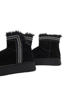 Women's Black Thick-Soled Patterned Suede Leather Teddy Boot | Derimod
