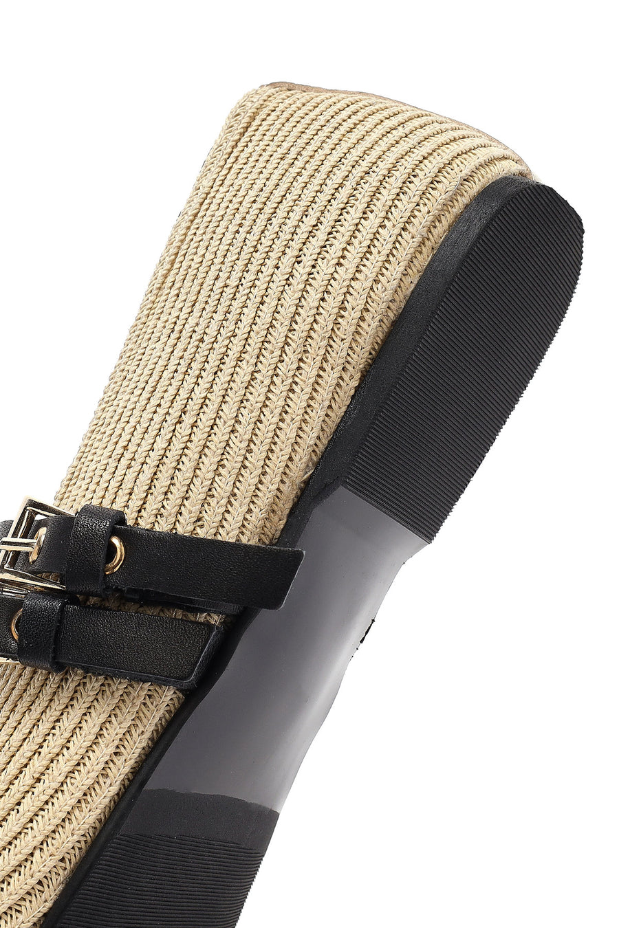 Women's Beige Double Buckled Straw Leather Ballerinas