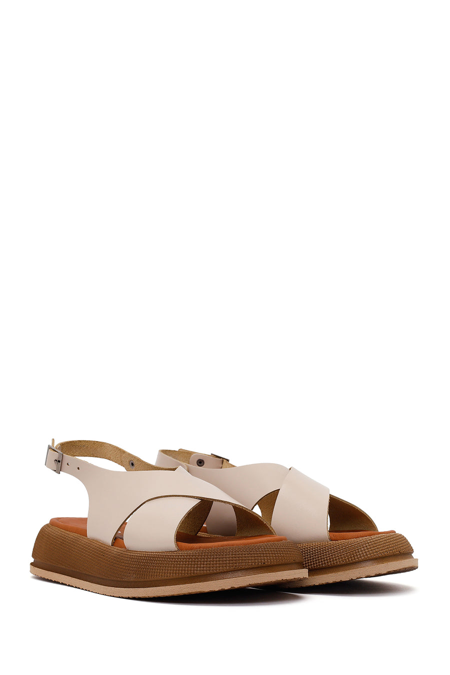 Woman Beige Buckled Thick-Soled Leather Sandal
