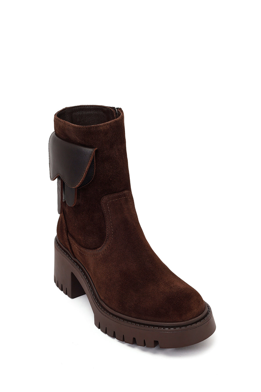 Woman Brown Zip Closure Chunky-Heeled Suede Leather Boots