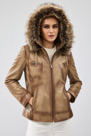 Meggy Women's Beige Hooded Furry Leather Jacket | Derimod