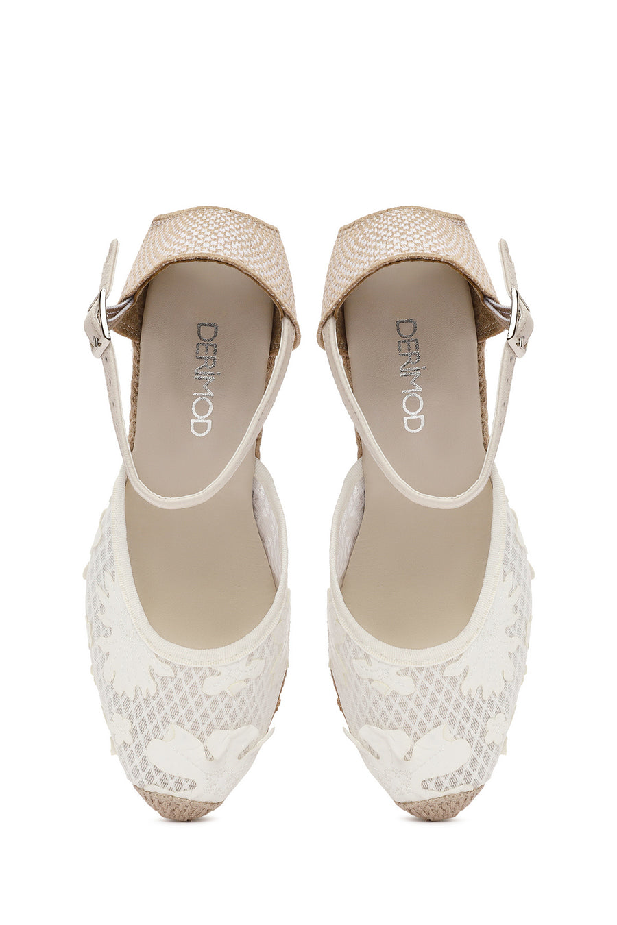 Women's Cream Ankle Strap Patterned Wedge Heel Espadrilles