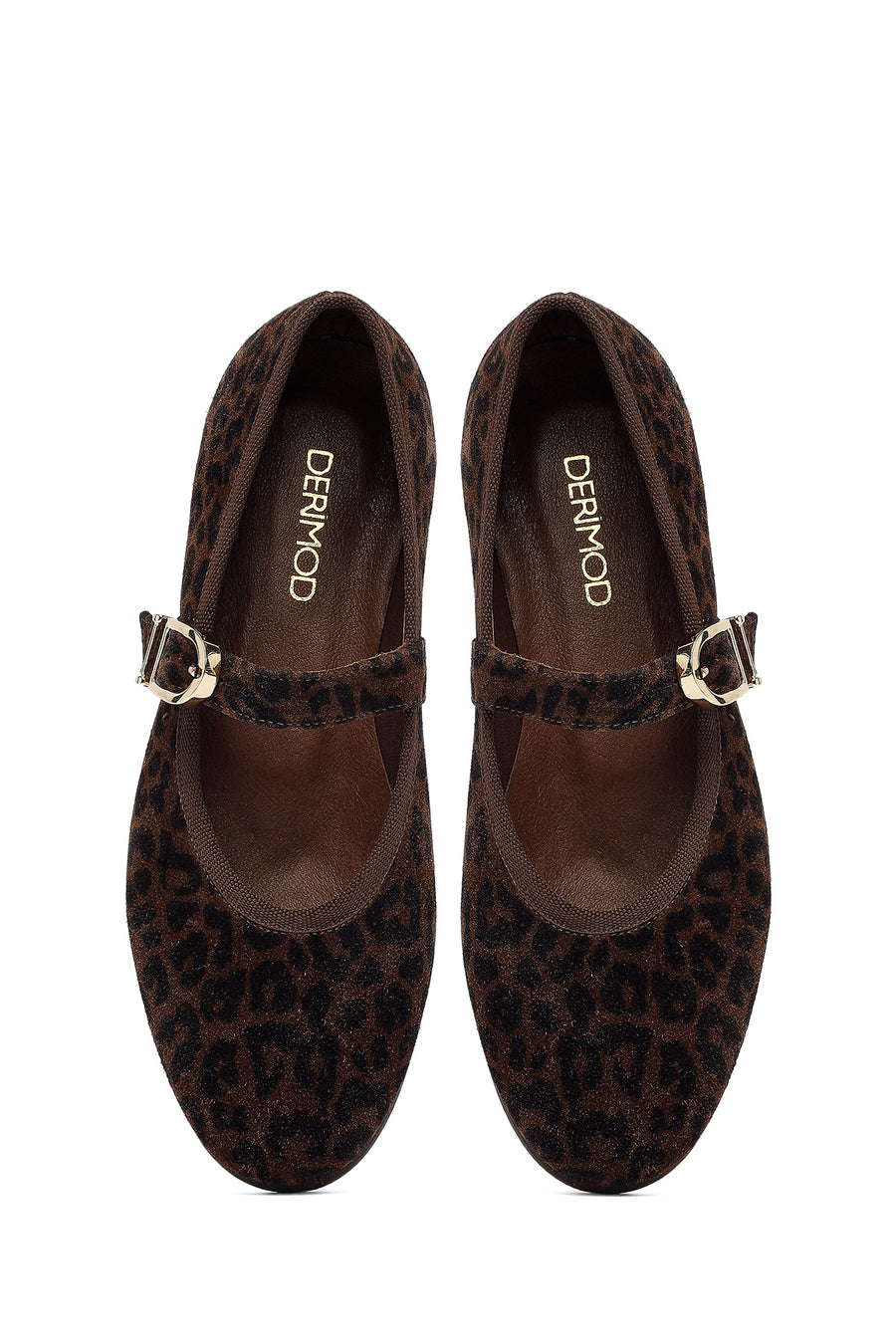 Woman Brown Leopard Patterned Buckled Suede Leather Ballet Flat