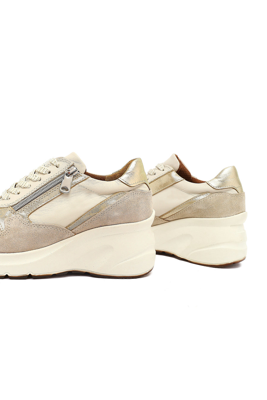 Kadın Bej Bağcıklı Fermuar Detaylı Dolgu Topuklu Deri Sneaker